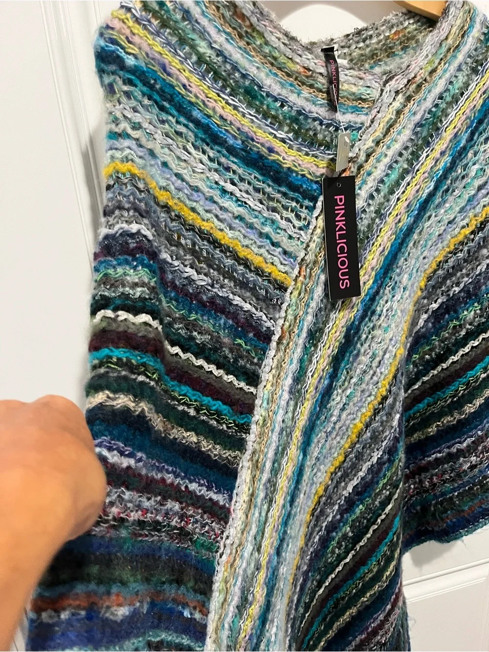 Multicolor Knit Fringe Poncho - Teal, Gray & Yellow